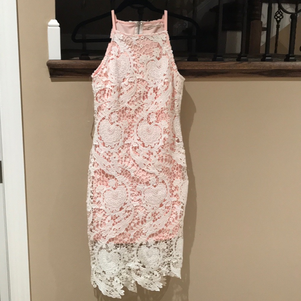 Pink Dress with White Lace Overlay